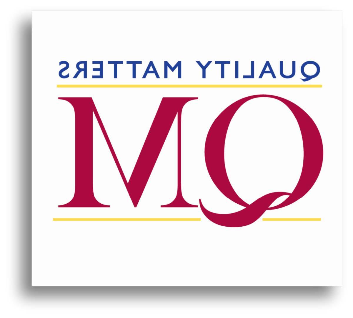 The Quality Matters logo composed of the the words Quality Matters in small, blue, capitalized san-serif font above a yellow horizontal line. The captialized letters Q and M are in red serif font centered on the logo between the two yellow horizontal lines.
