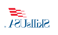 SkillsUSA in blue font with the s in skills and USA capitalized followed by the trademark symbol. Three red, vertically stacked, streamers blow in the wind from right to left above USA.