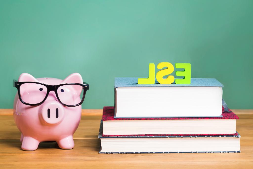 Three books of various size and thickness are stacked on a wooden desk with the letters ESL in yellow and lime green sitting on top against a chalkboard green background. A pink ceramic pig wearing black frame glasses sits to the right of the books. 